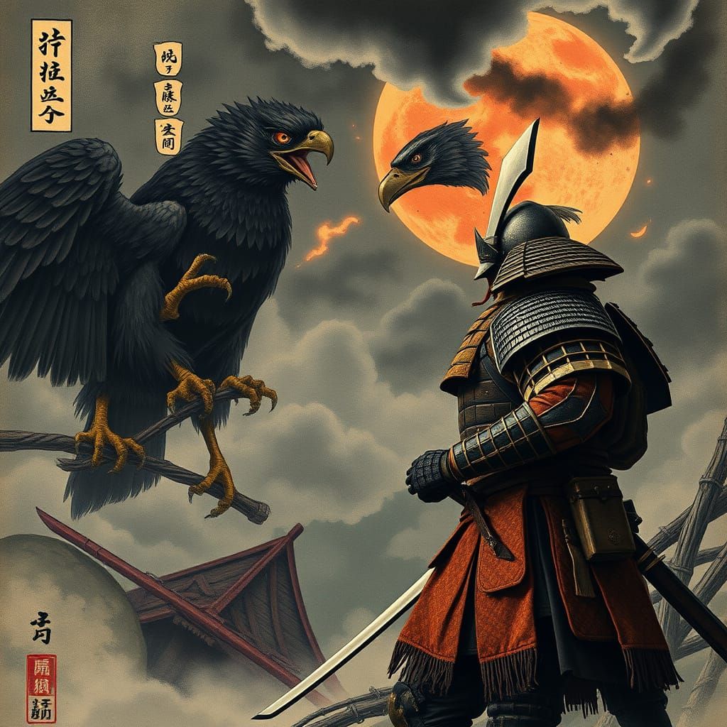 Warrior Confronts Dark Eagle in Dramatic Feudal Landscape