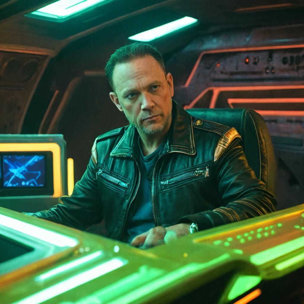 Commander in a Neon-Lit Spacecraft Interior