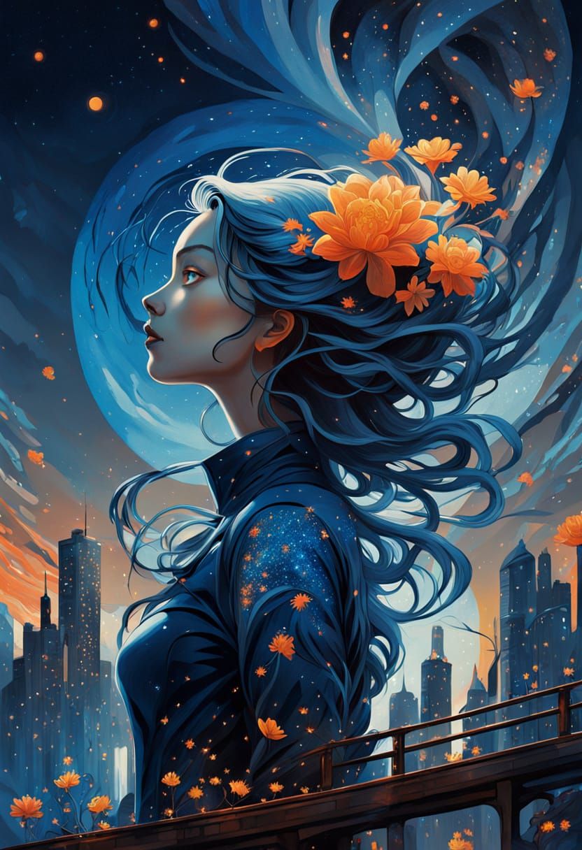 Ethereal Blue Woman with Flowers Over Futuristic Cityscape