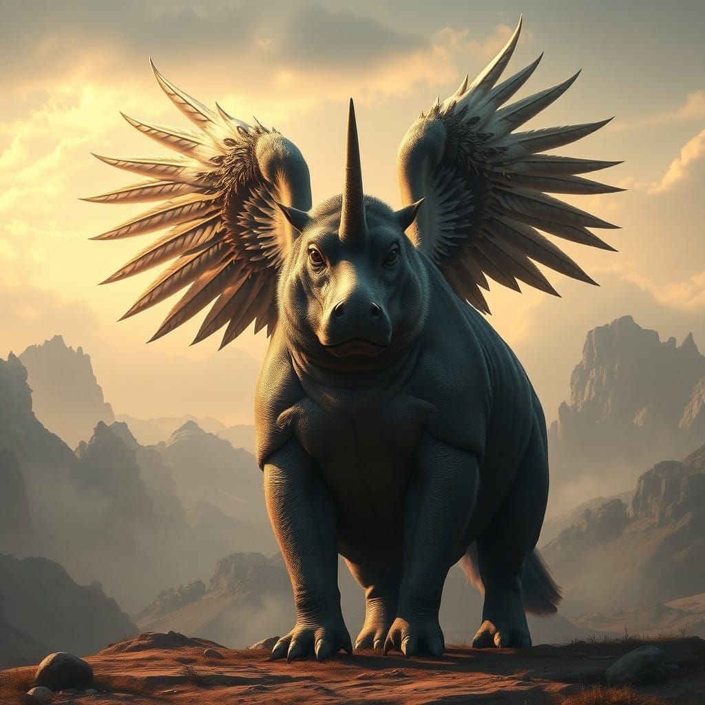 Majestic Meerkat-Hippo Hybrid Soars with Eagle Wings and Rhi...