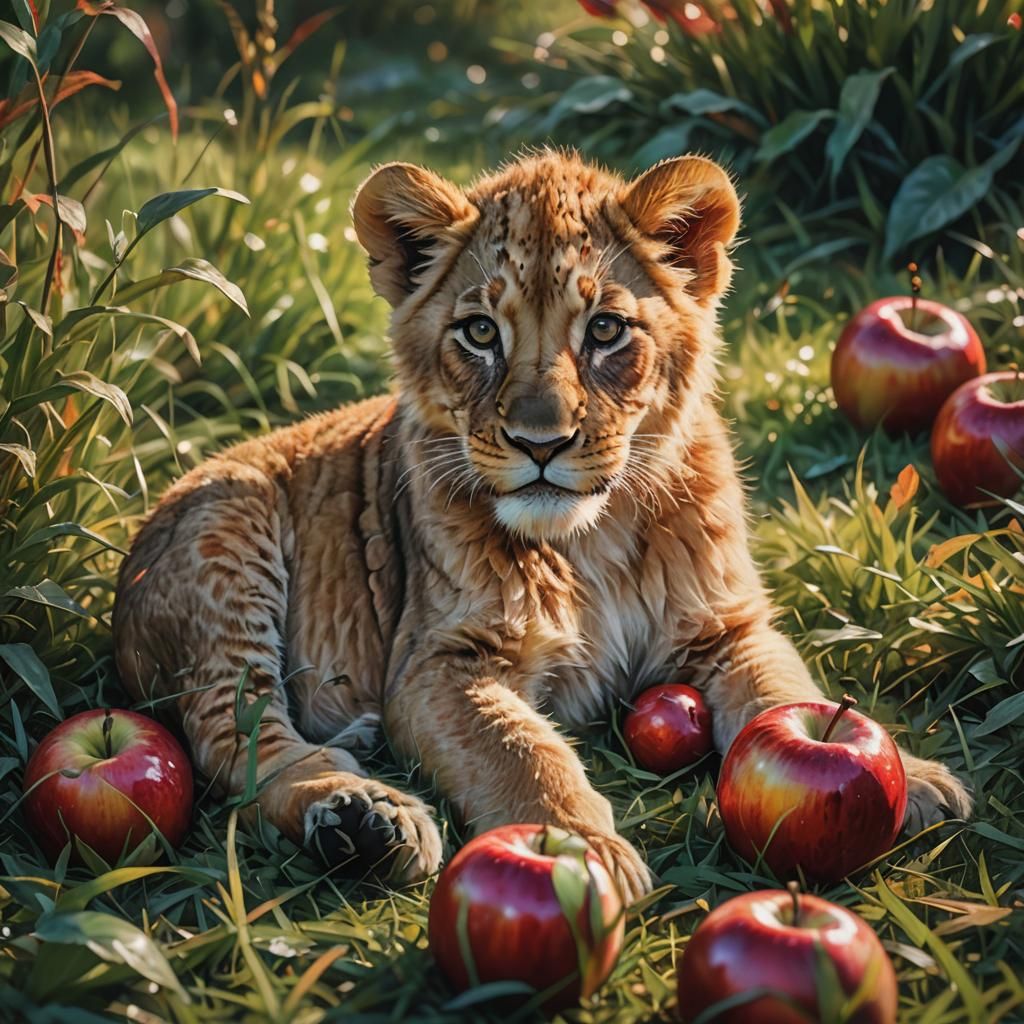 Whimsical Fantasy Lion Cub amidst Triadic Colors