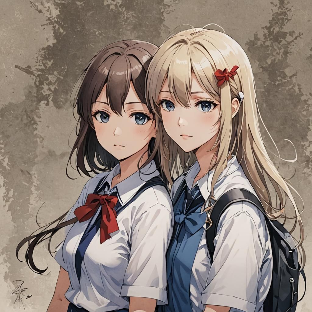 Two Japanese Schoolgirls in Anime Style