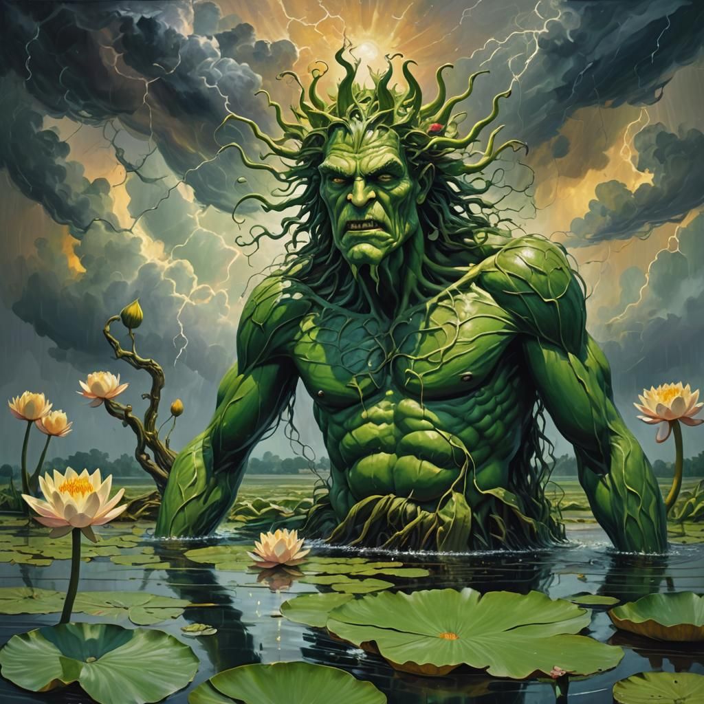 Surreal Green Giant on Water Lily in Stormy Eye with Dryad