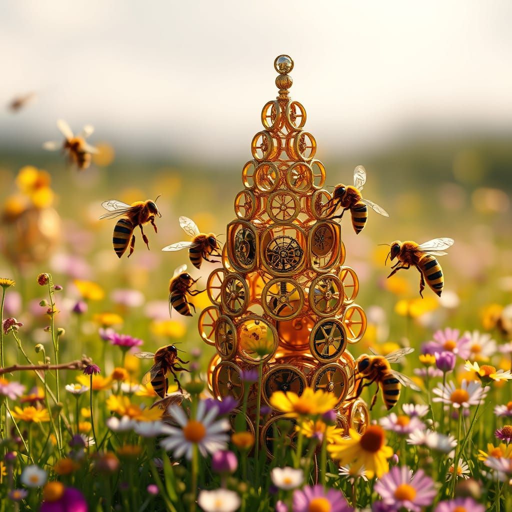 Clockwork Bees Build Honeycomb Ziggurat: Hyperrealistic Digi...