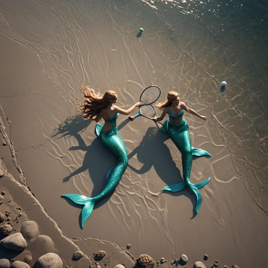Glowing Mermaid Tennis Players Under Moonlight