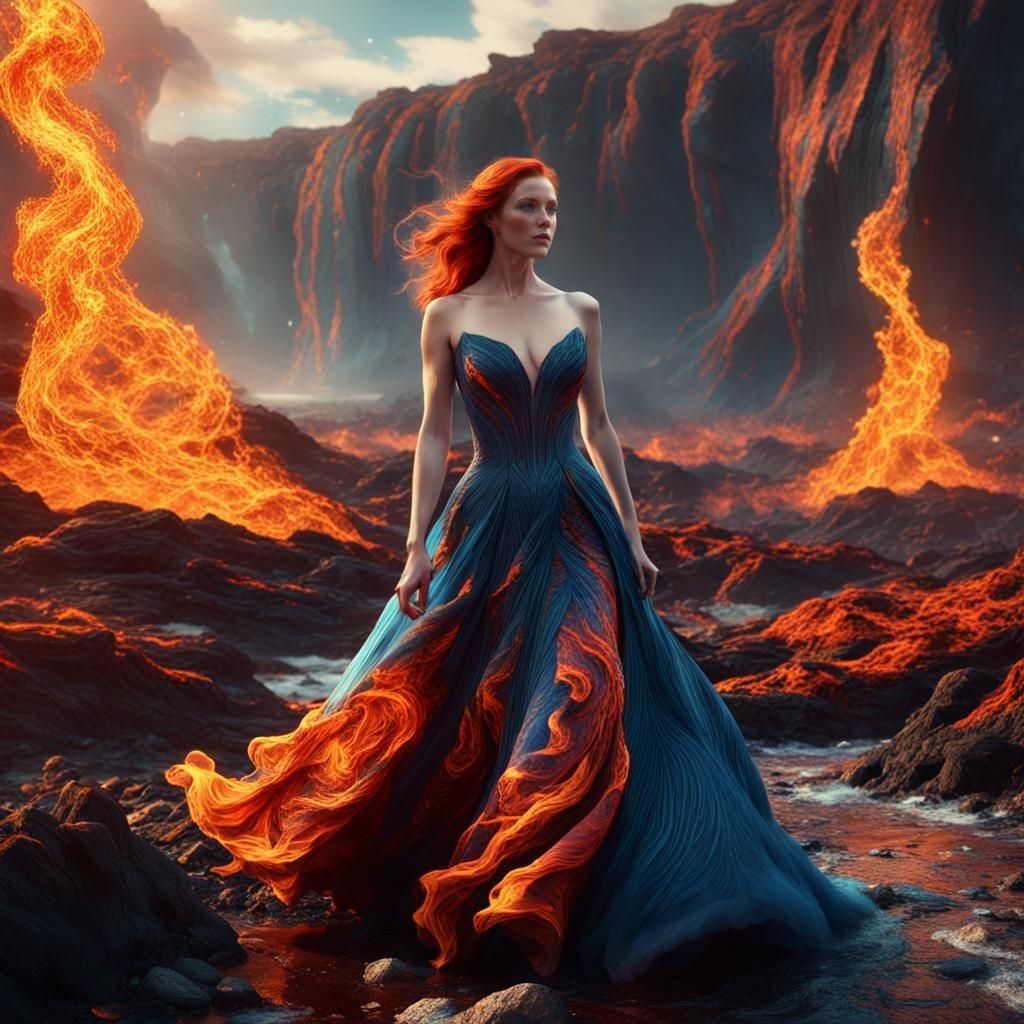 Fantastical Magma Goddess Unveiled in Elegant Ballgown