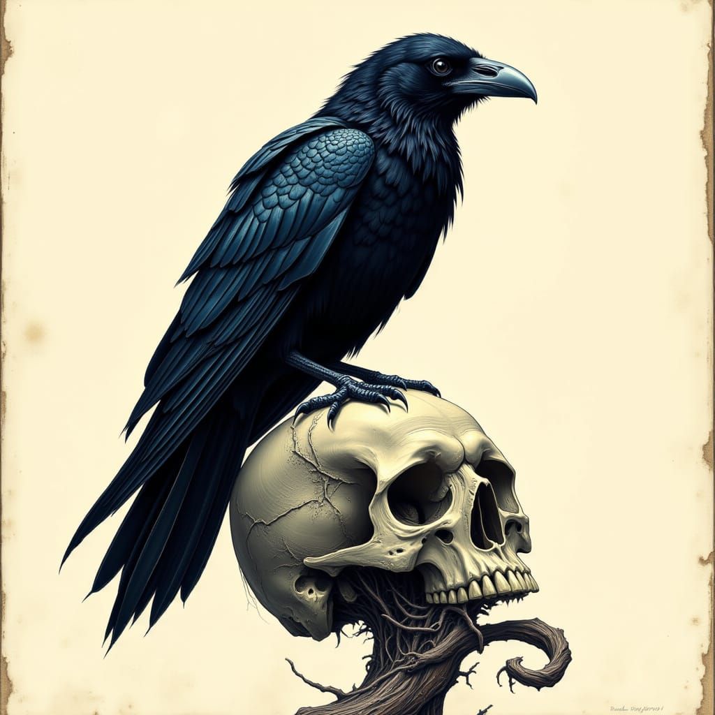 Raven Perched on a Skull