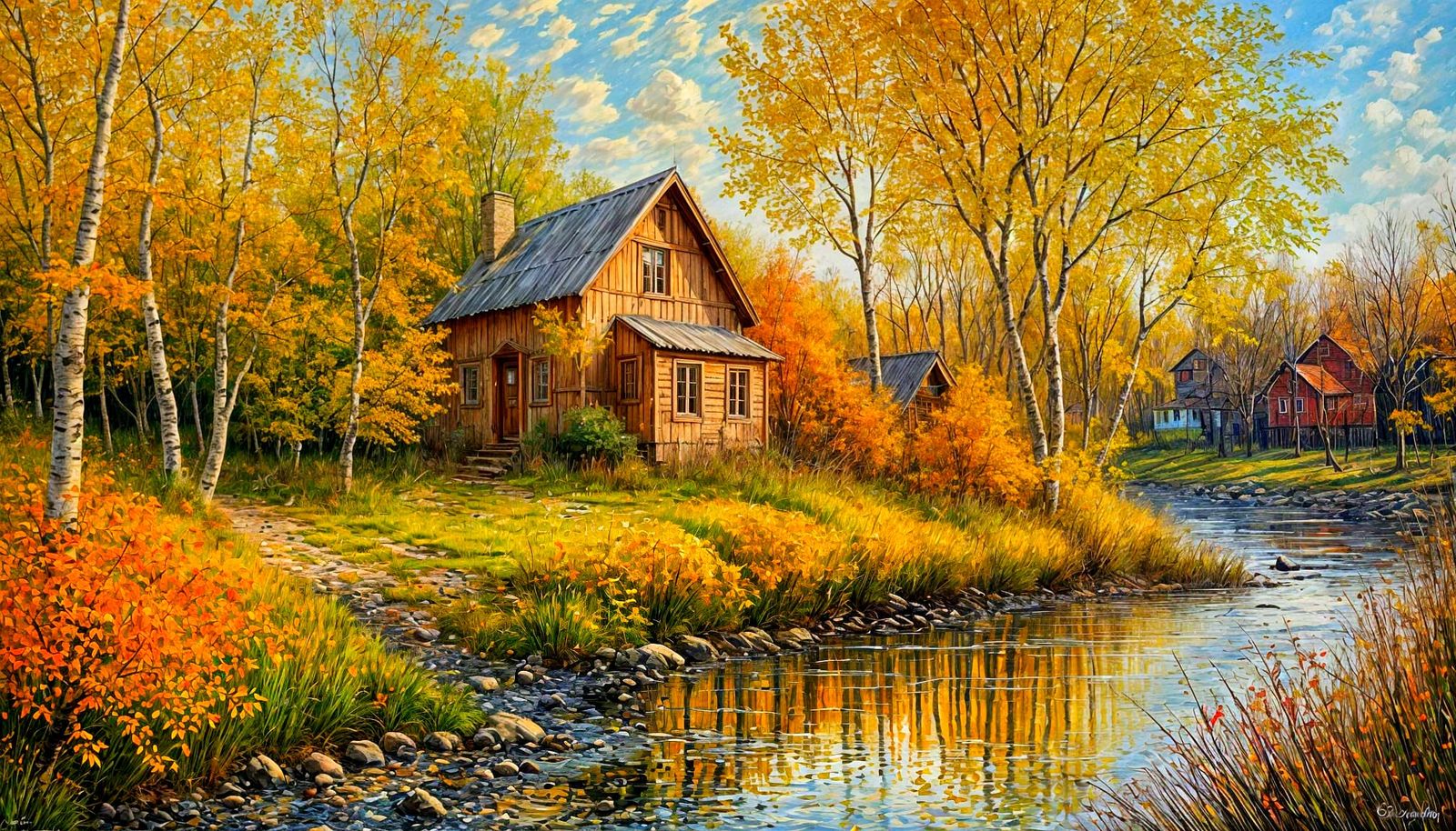 Autumn House and Birch Painting in Pouring Style
