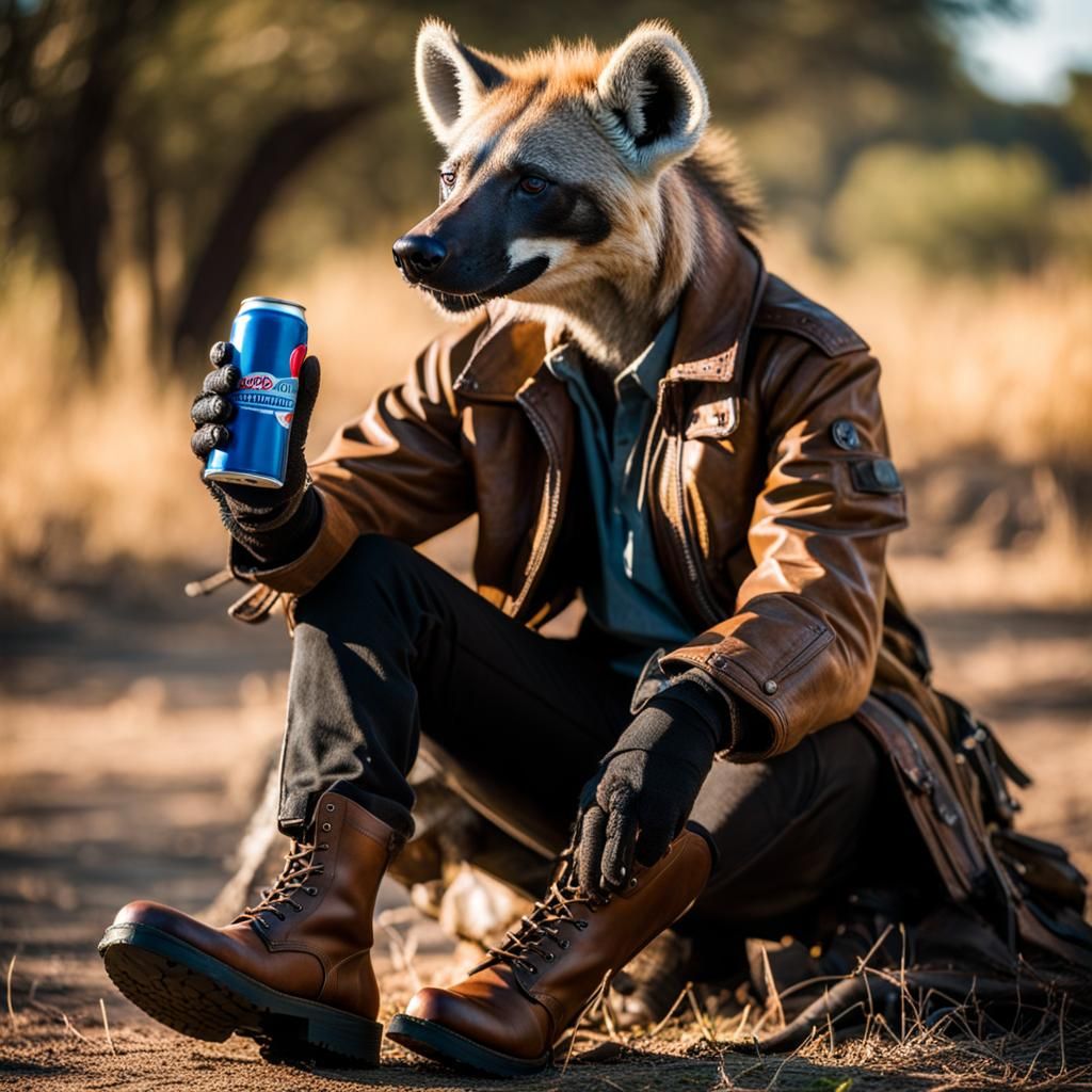 Anthropomorphic Hyena Man Sits in Campground