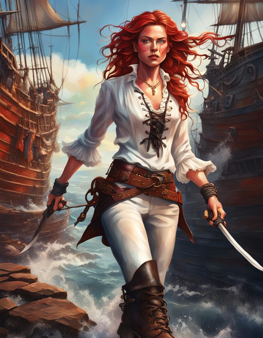 Sultry Pirate Maiden in Vibrant Coastal Setting