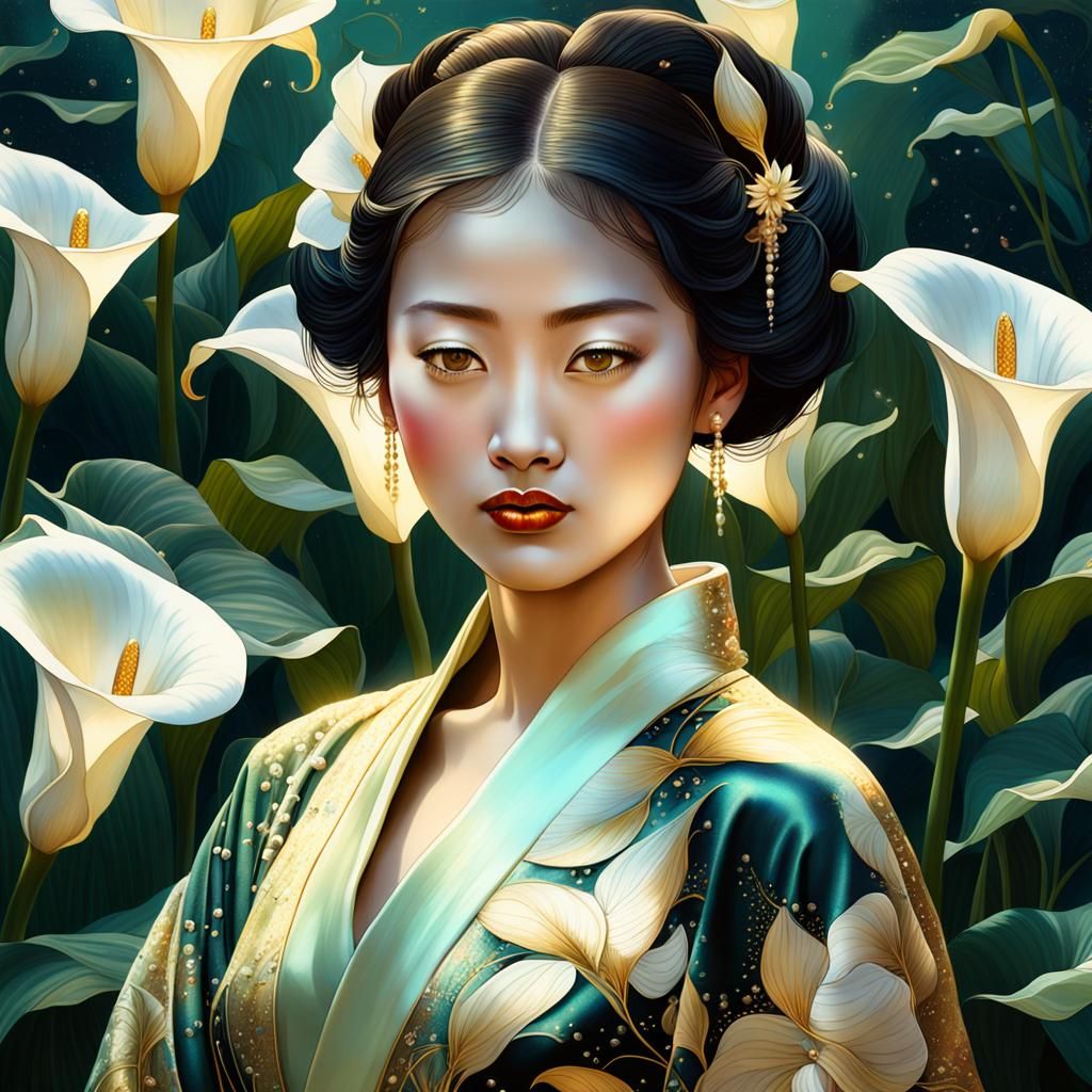 Surreal Golden Goddess in Calla Lilies Kimono