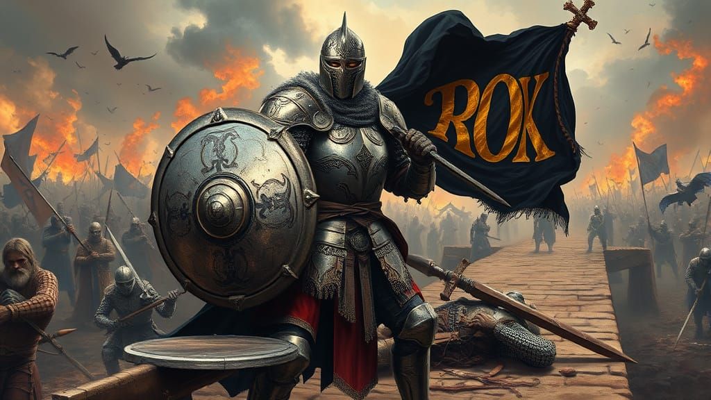 Medieval Knight Stands Firm on Battle-Torn Bridge