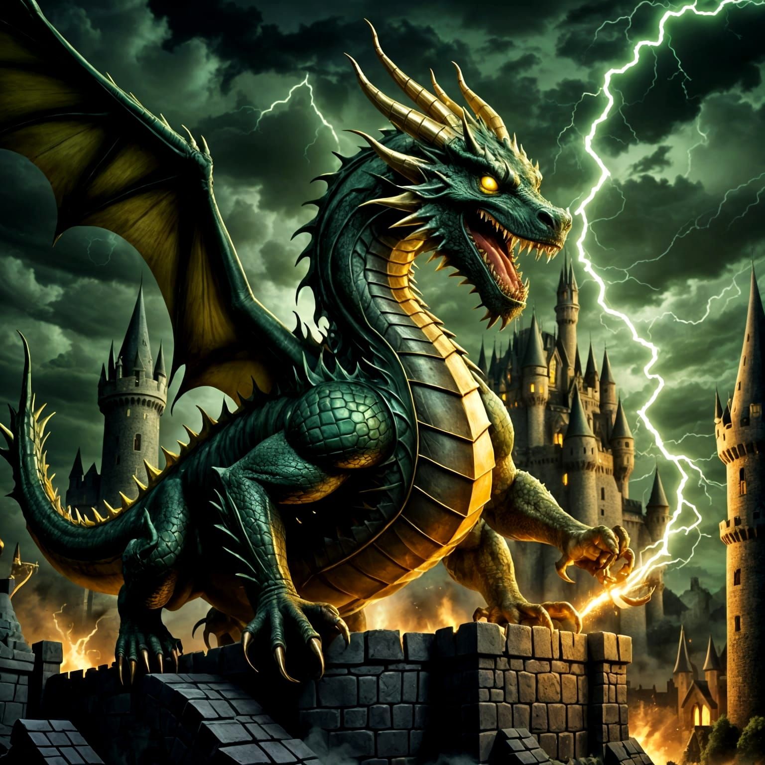 Sinister Dragon Attacks Castle Under Dark Night Sky