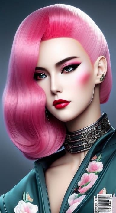 Anime Portrait of a Retro-Glamorous Lady with Pink Bouffant....