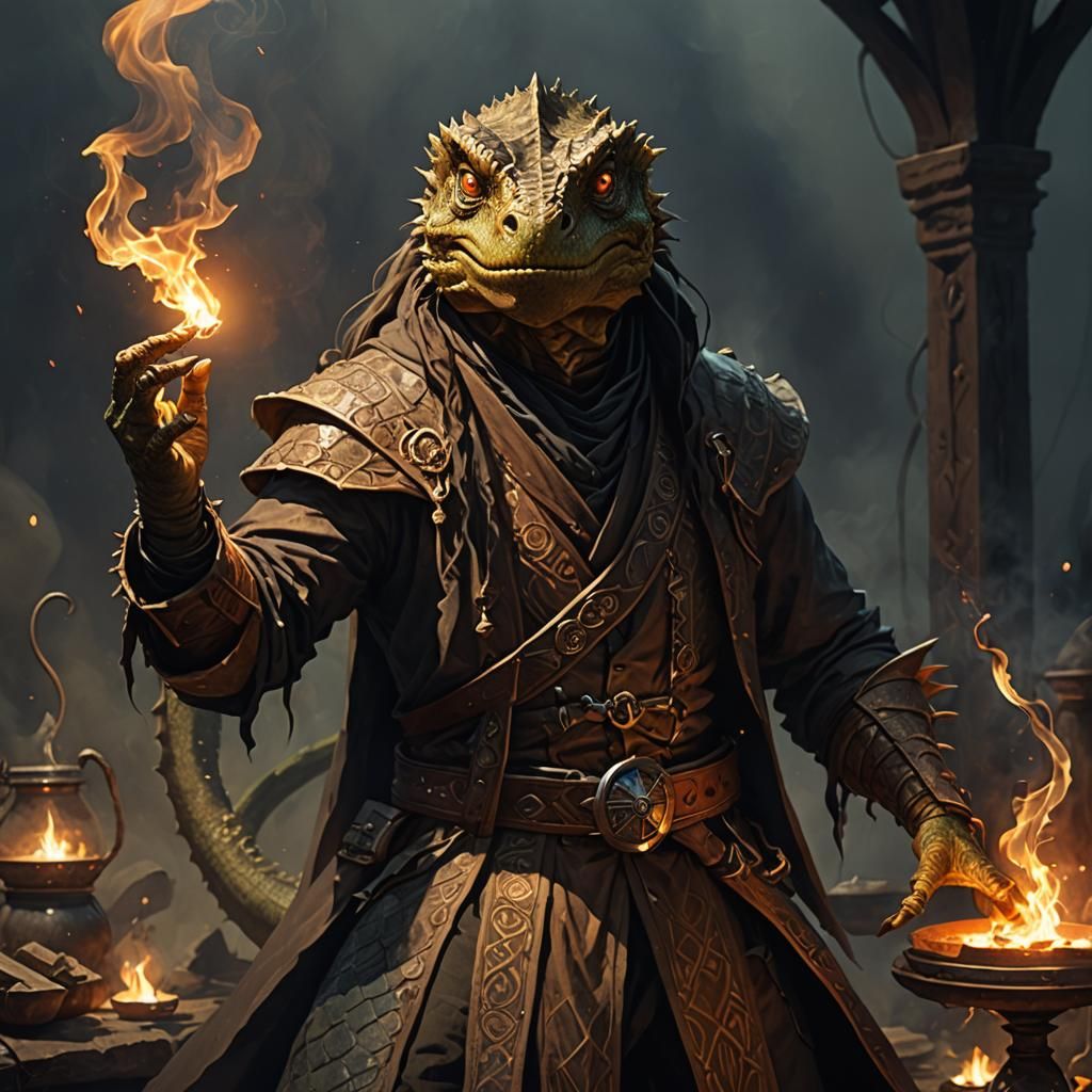 Brown Scaled Wizard Seeks Divinity in Dark Mystic Tent