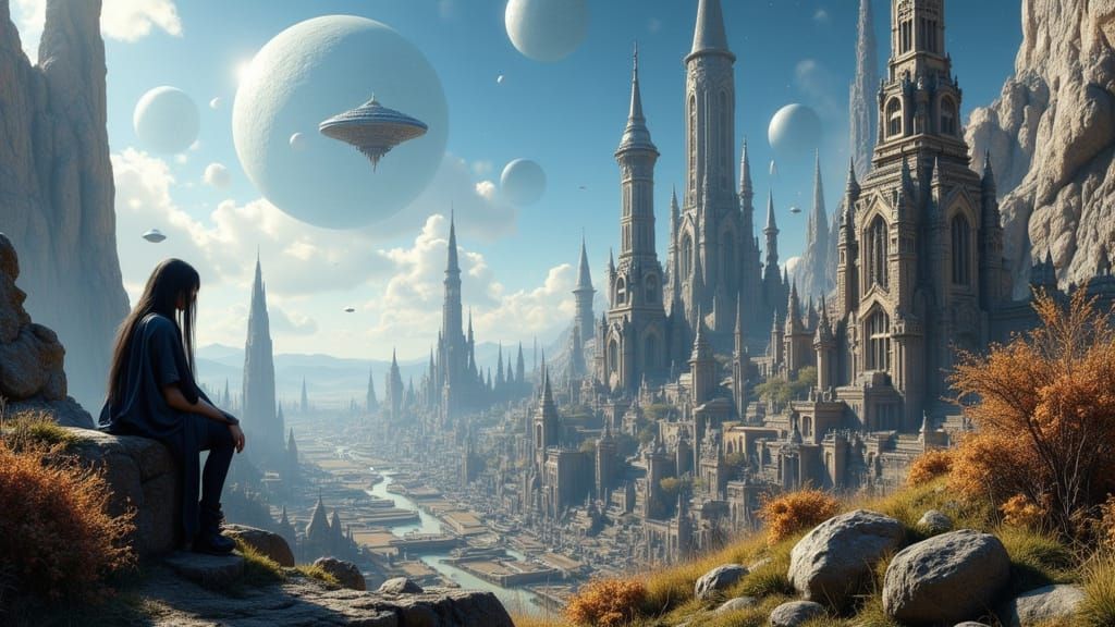 Alien City Panorama with Two Moons and Flying Objects