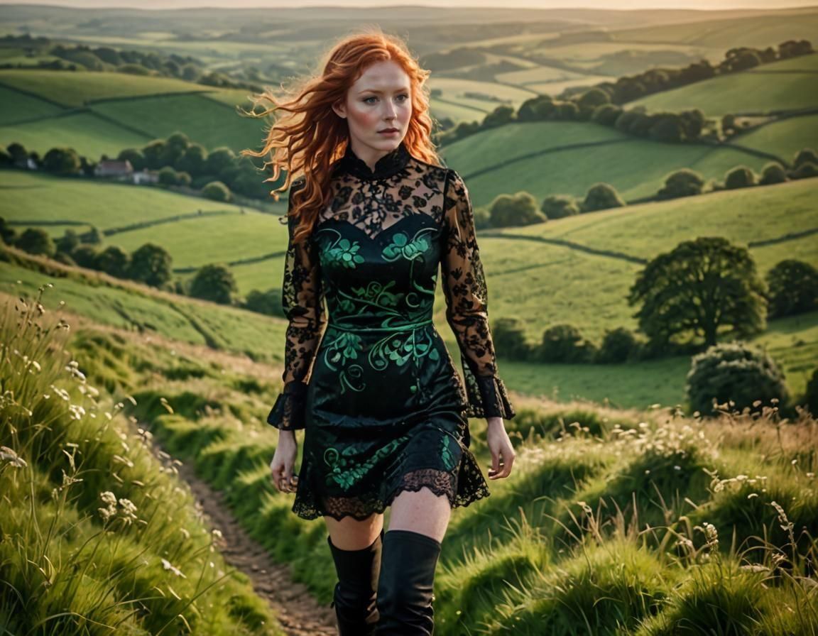 Redhead in Lace Dress Overlooking Starry Night