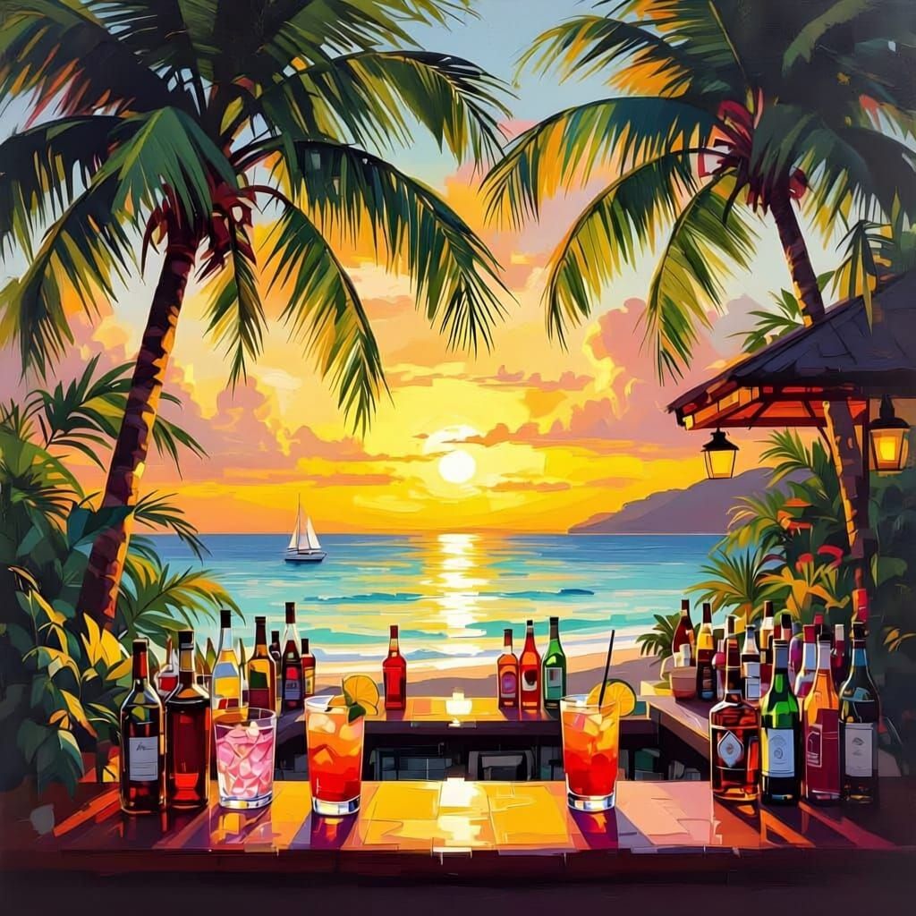 Vibrant Tropical Bar at Golden Hour, Oil Painting Style