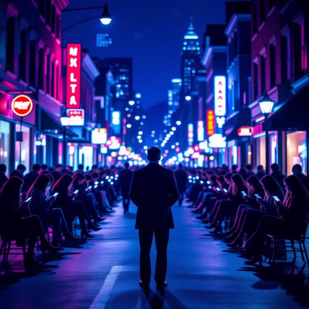 Man Isolated in Neon-Lit Cityscape at Night