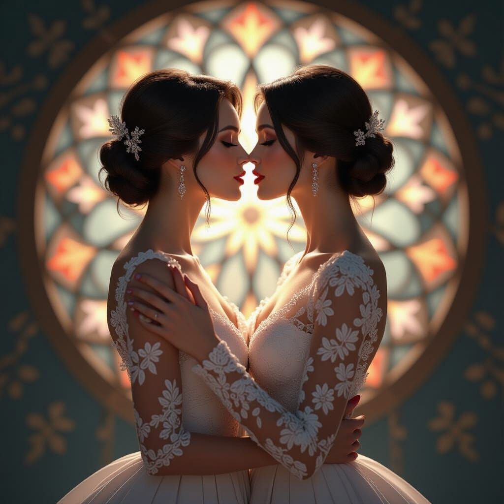 Elegant Women Kissing, Dramatic Lighting Portrait