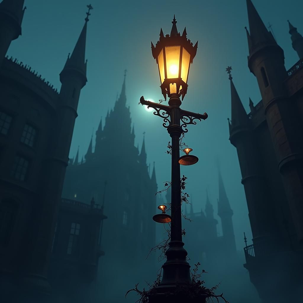Ethereal Streetlamp Amidst Gothic Ruins