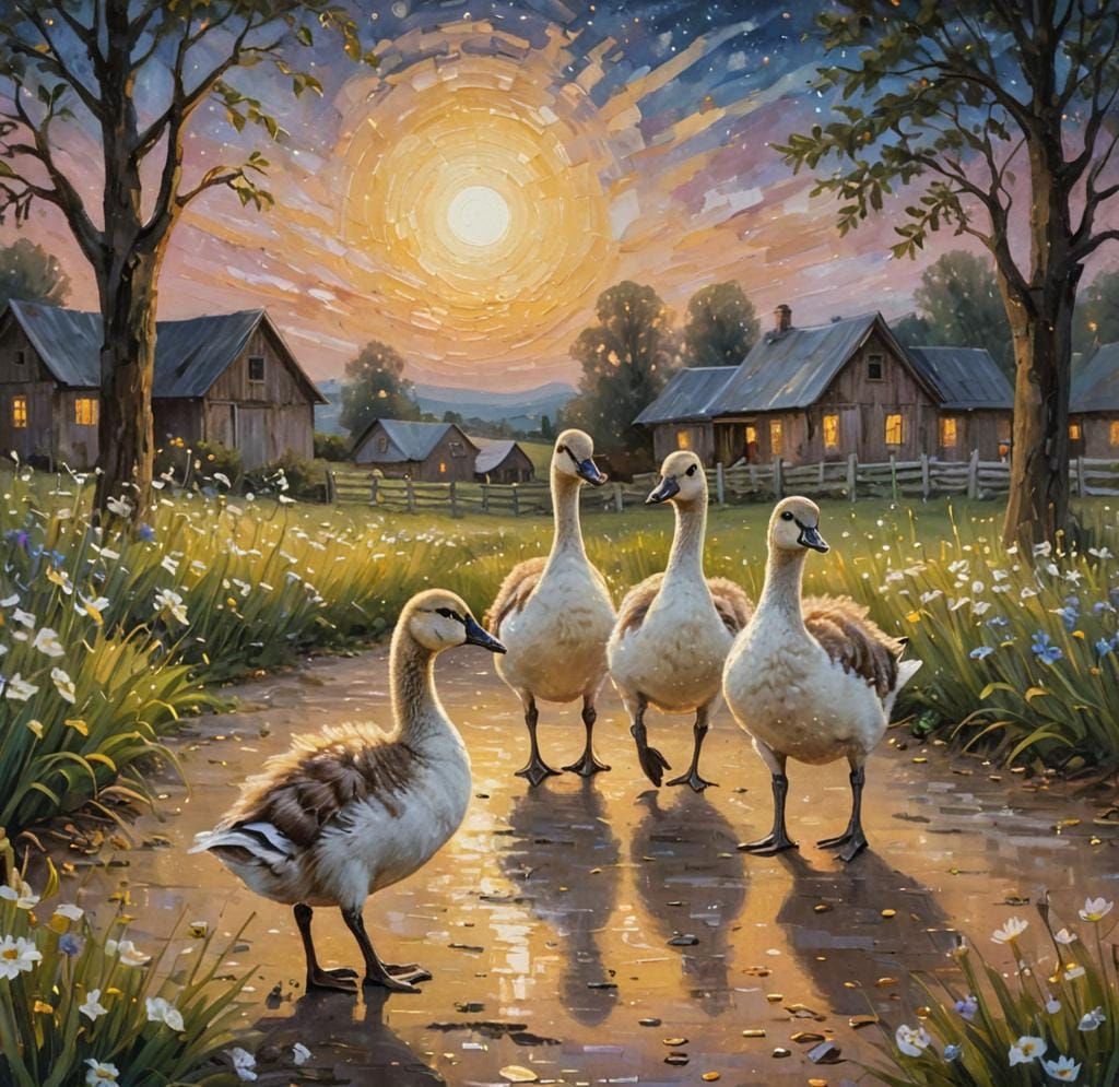 Gustav Klimt Inspired Geese Waddle Through Enchanted Moonlit...