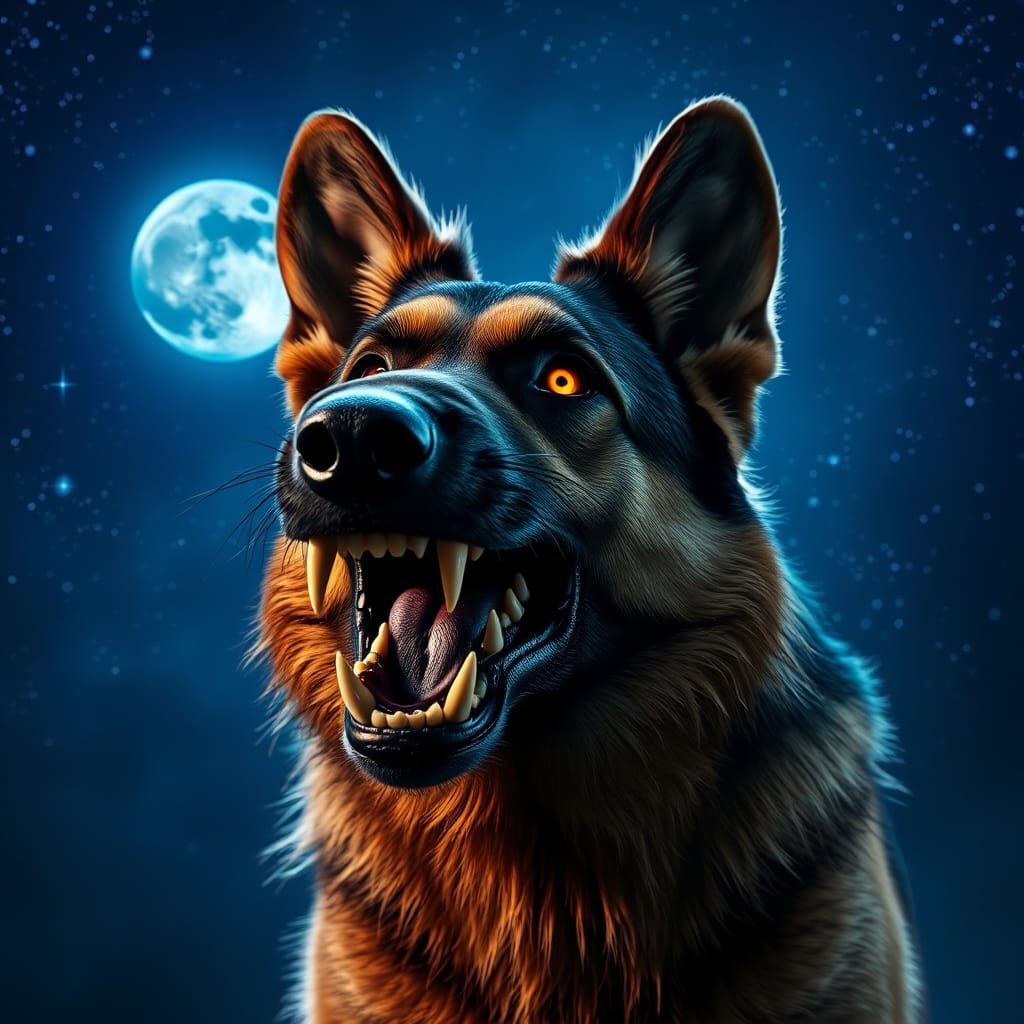 Hyper-Realistic German Shepherd in Midnight Landscape