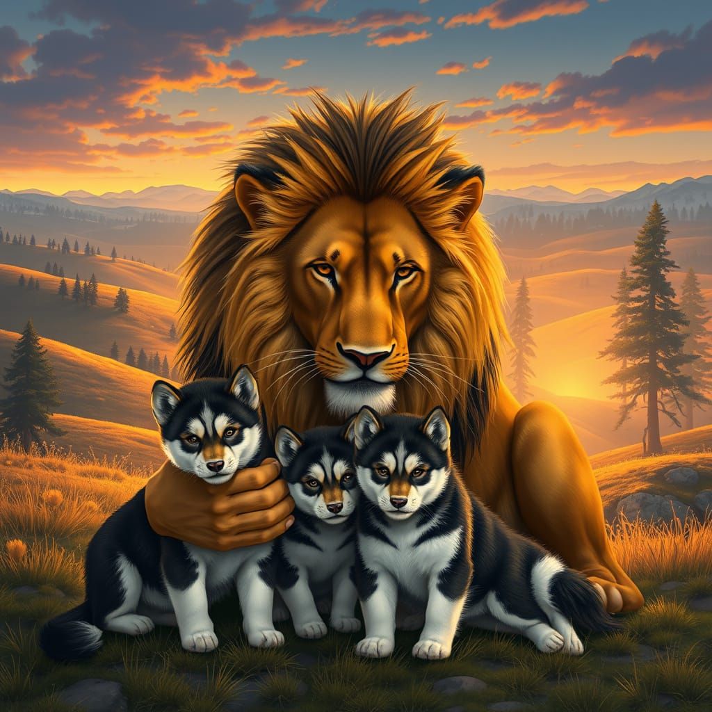 Lion Petting Husky Puppies at Sunset