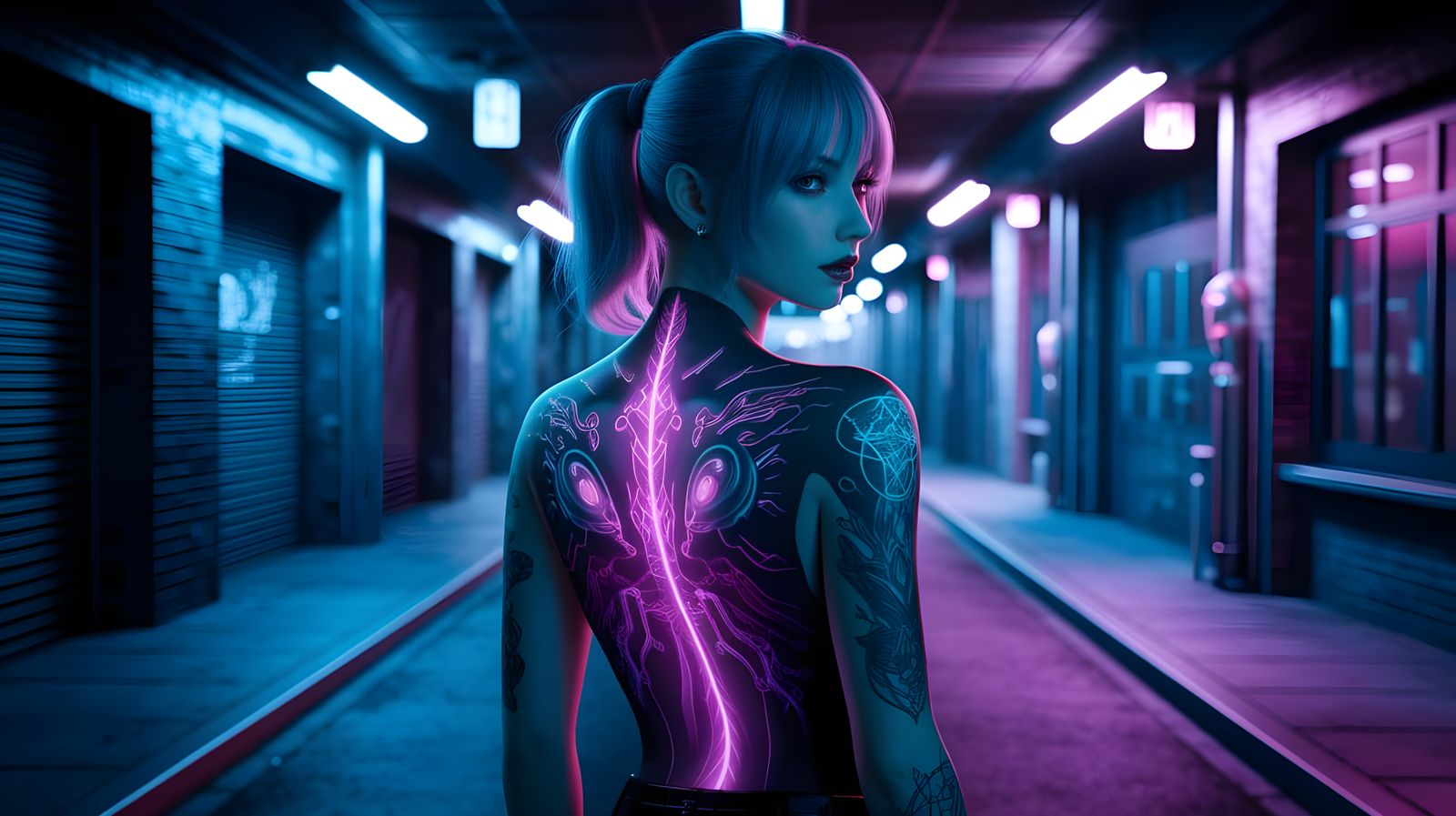 Cyberpunk Woman with Fantasy Tattoo in Neon Alley