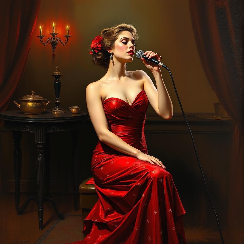 A Captivating Female Lounge Singer in a Red Sequin Dress, In...