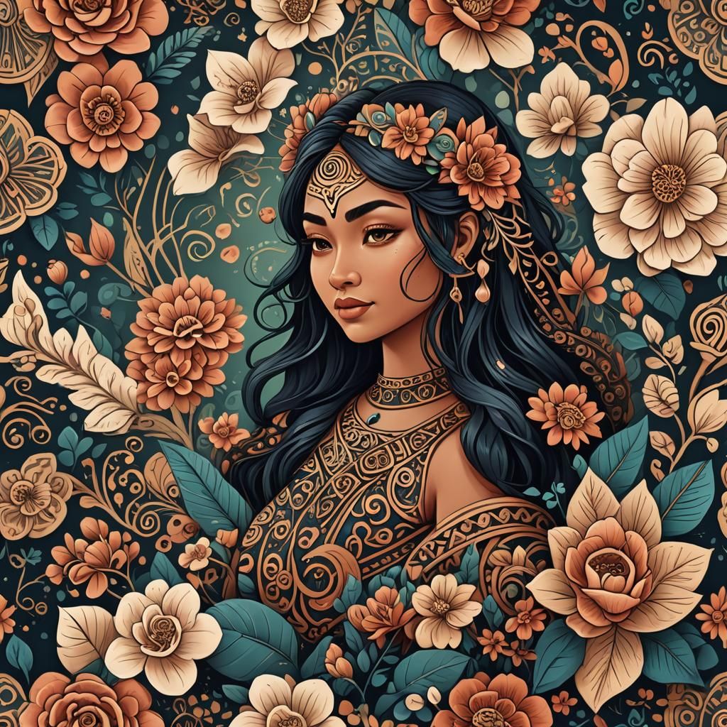 Mother Goddess in Whimsical Maori-Inspired Fantasy Landscape