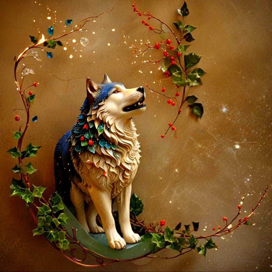 Mongolian Wolf in a Starry Night Landscape