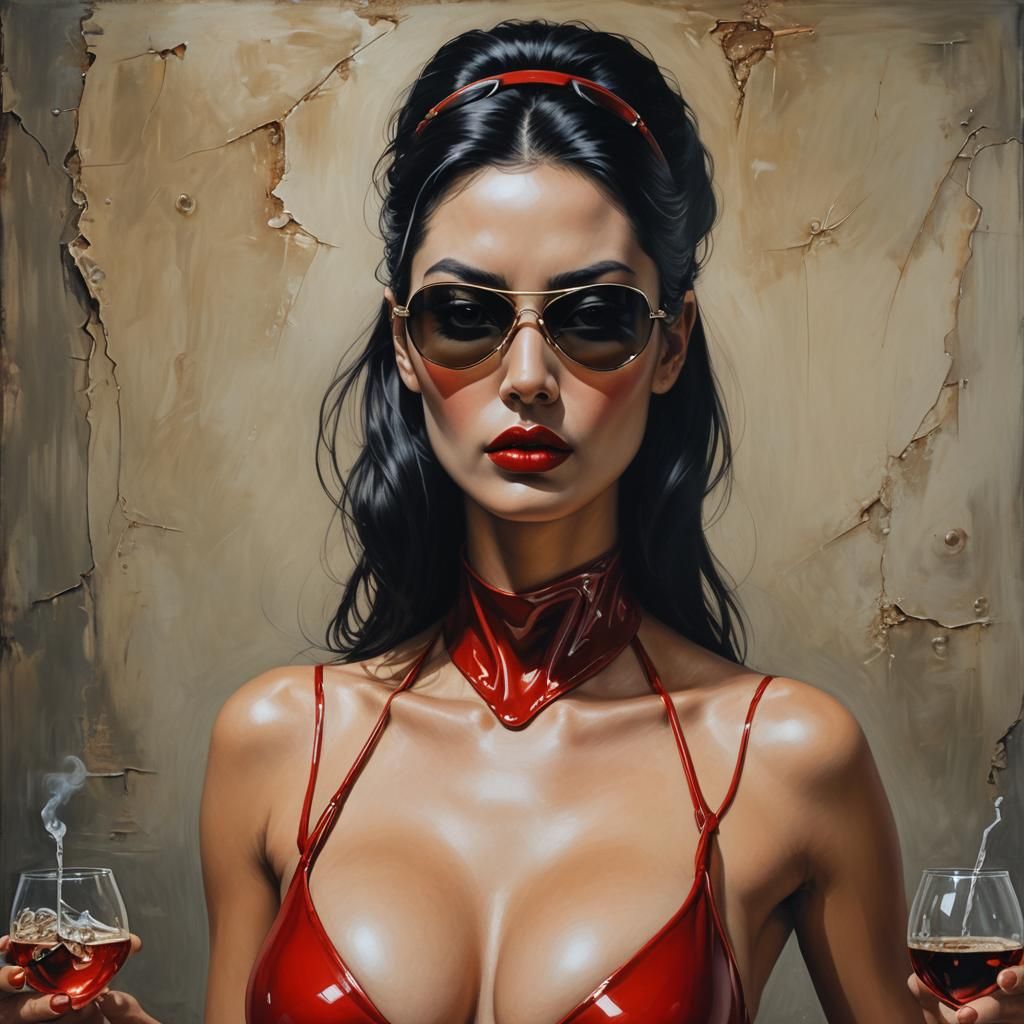 Surreal Beauty in Red Strapless Latex, Cyberpunk Style