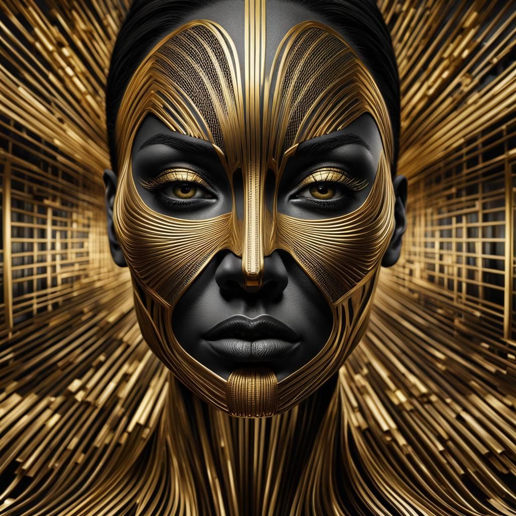 Photorealistic Woman in Gold Tone and Black Optical Art