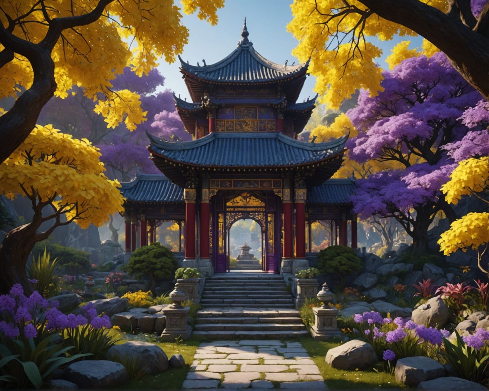 Mystical Dark Fantasy Oriental Garden in Cyberpunk Style wit...