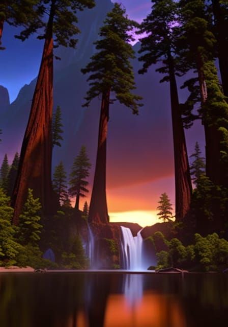 Vibrant Oasis in Alien Redwood Forest, Night Sky Ablaze with...