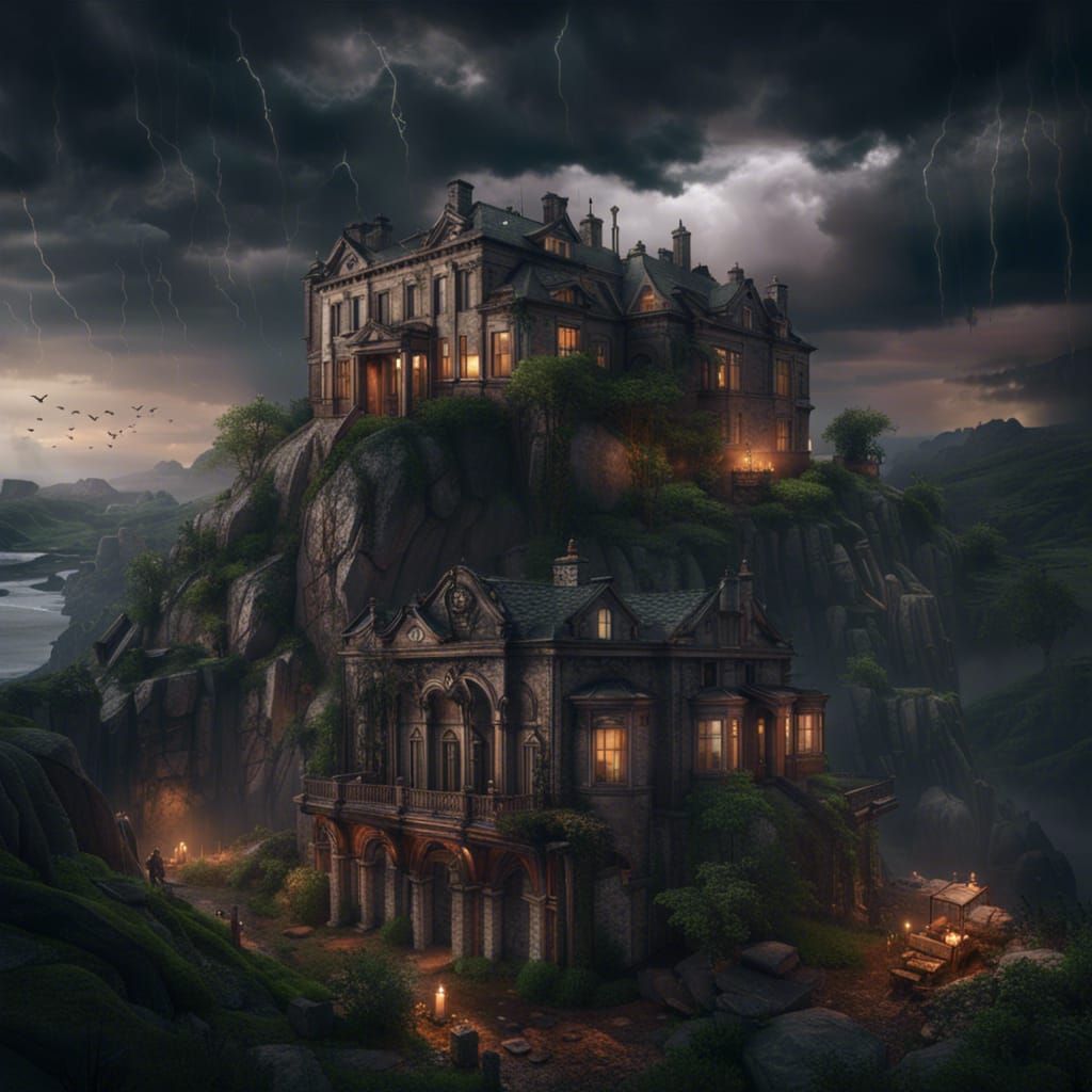 Stormy Village in Ruins with Fantasy Mansion