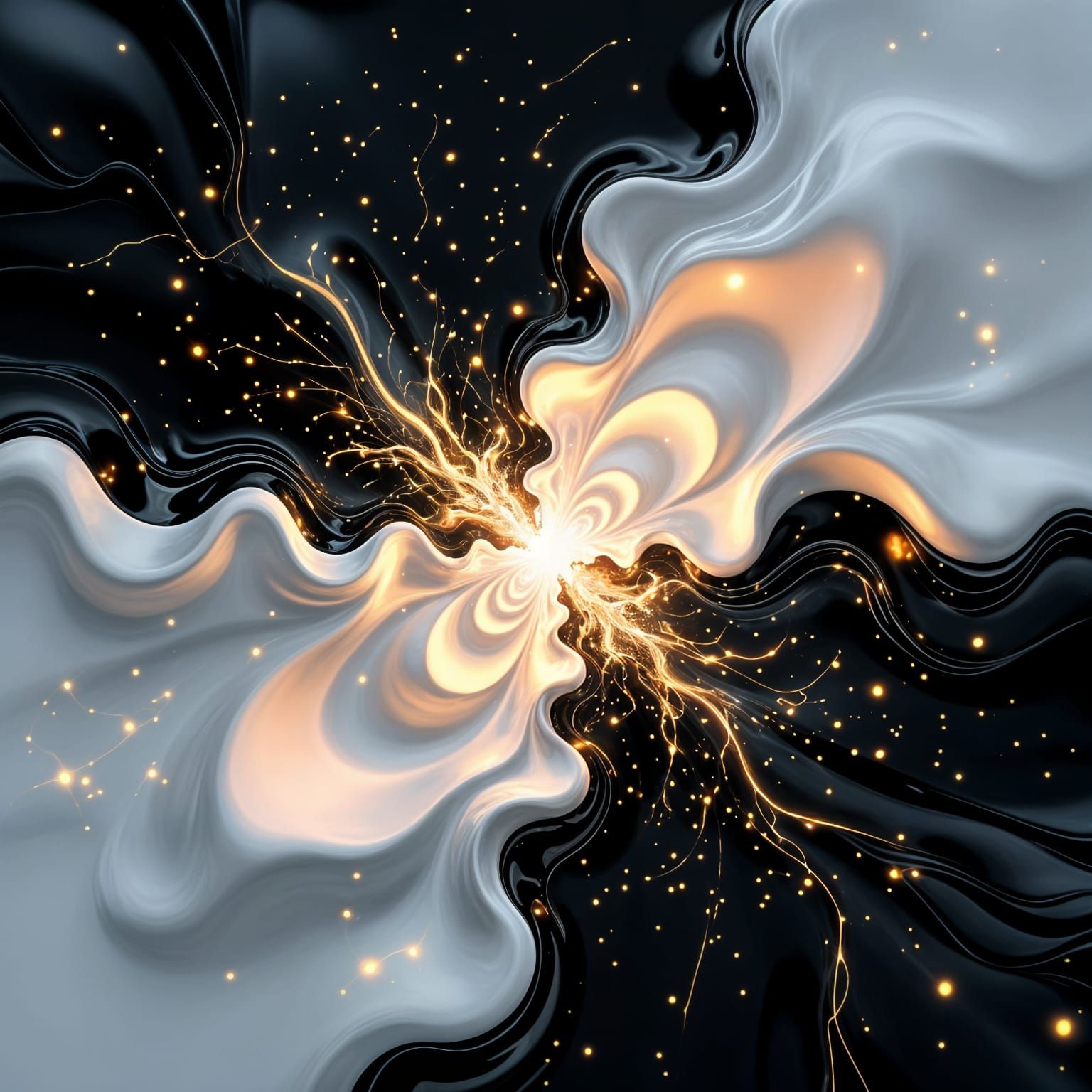 White Gold Light and Black Oil Clash in Abstract 3D Simulati...
