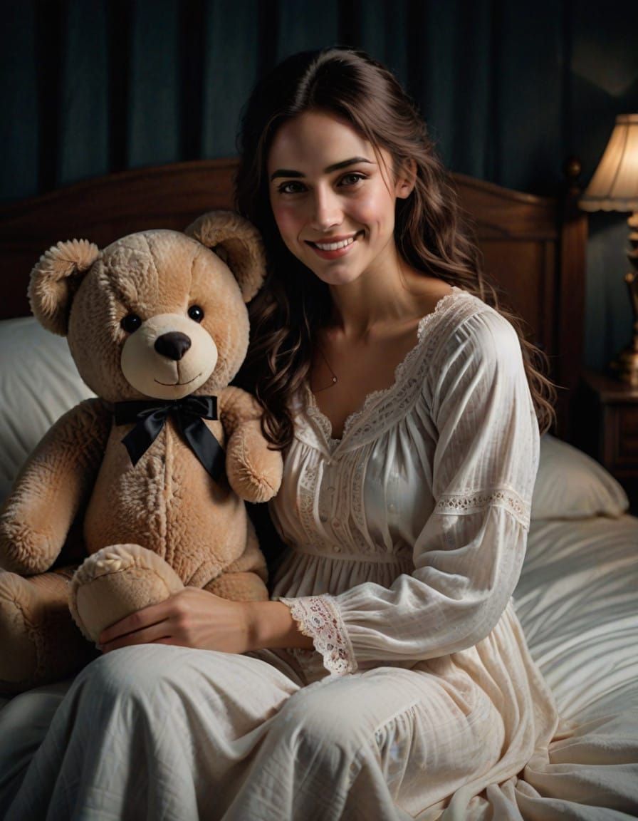 Victorian Woman Cuddles a Gentle Giant Teddy Bear at Night