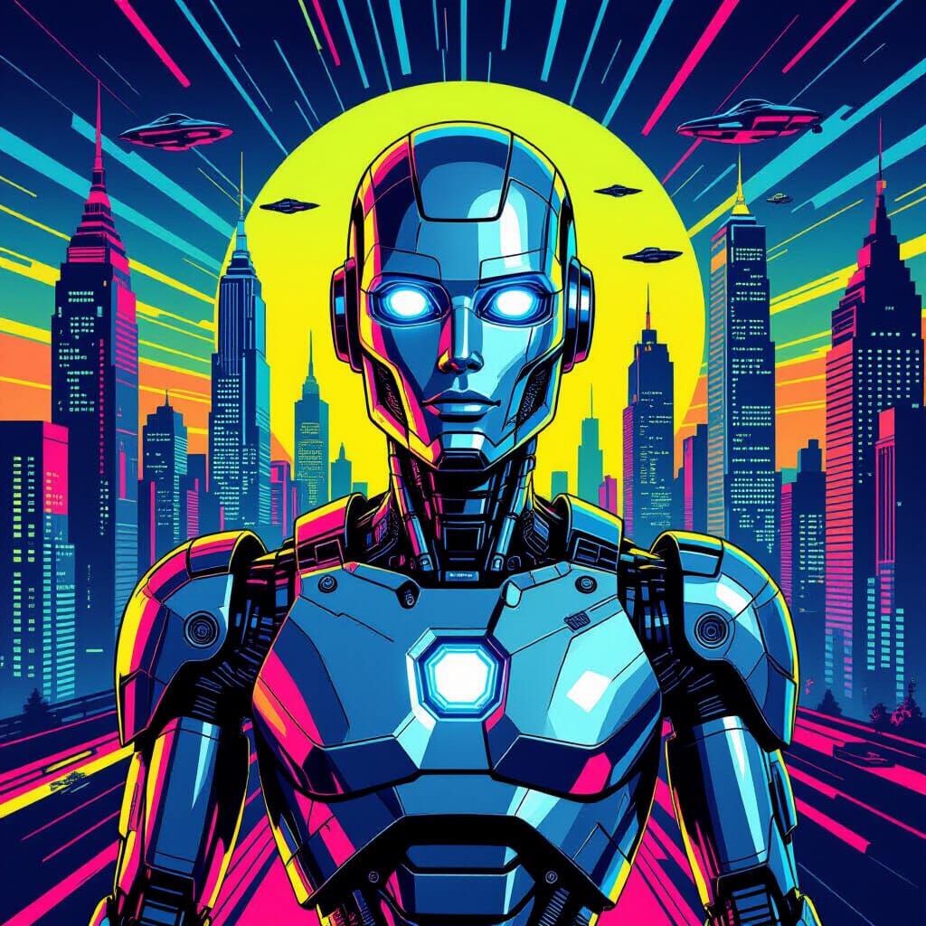 Vibrant Pop Art Robot in Futuristic Neon City