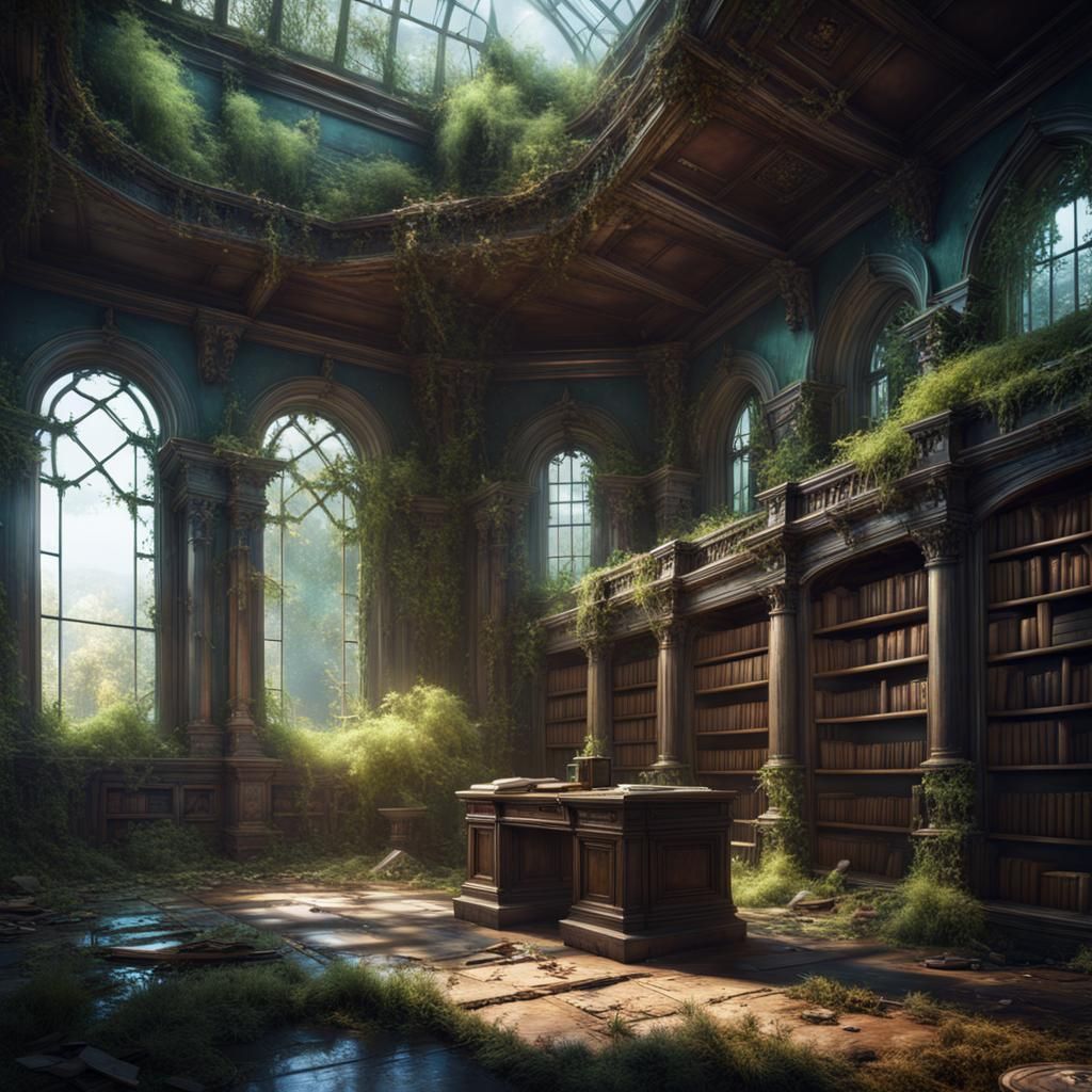 Vibrant Fantastical Library Swallowed by Nature's Fury