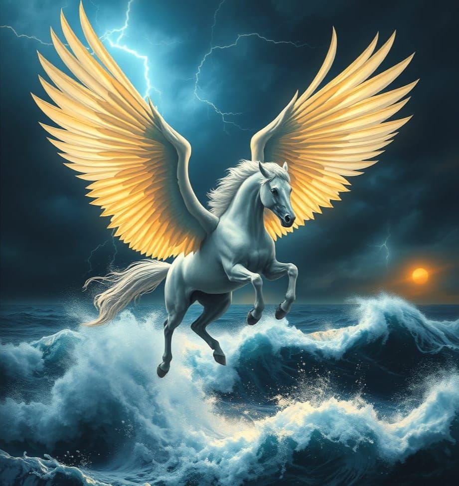 Majestic White Winged Horse Soars Above Turbulent Ocean in a...