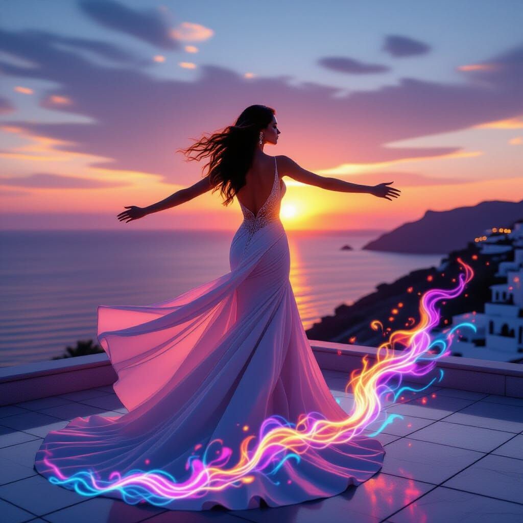 Woman on Rooftop: Photorealistic to Neon Light Art