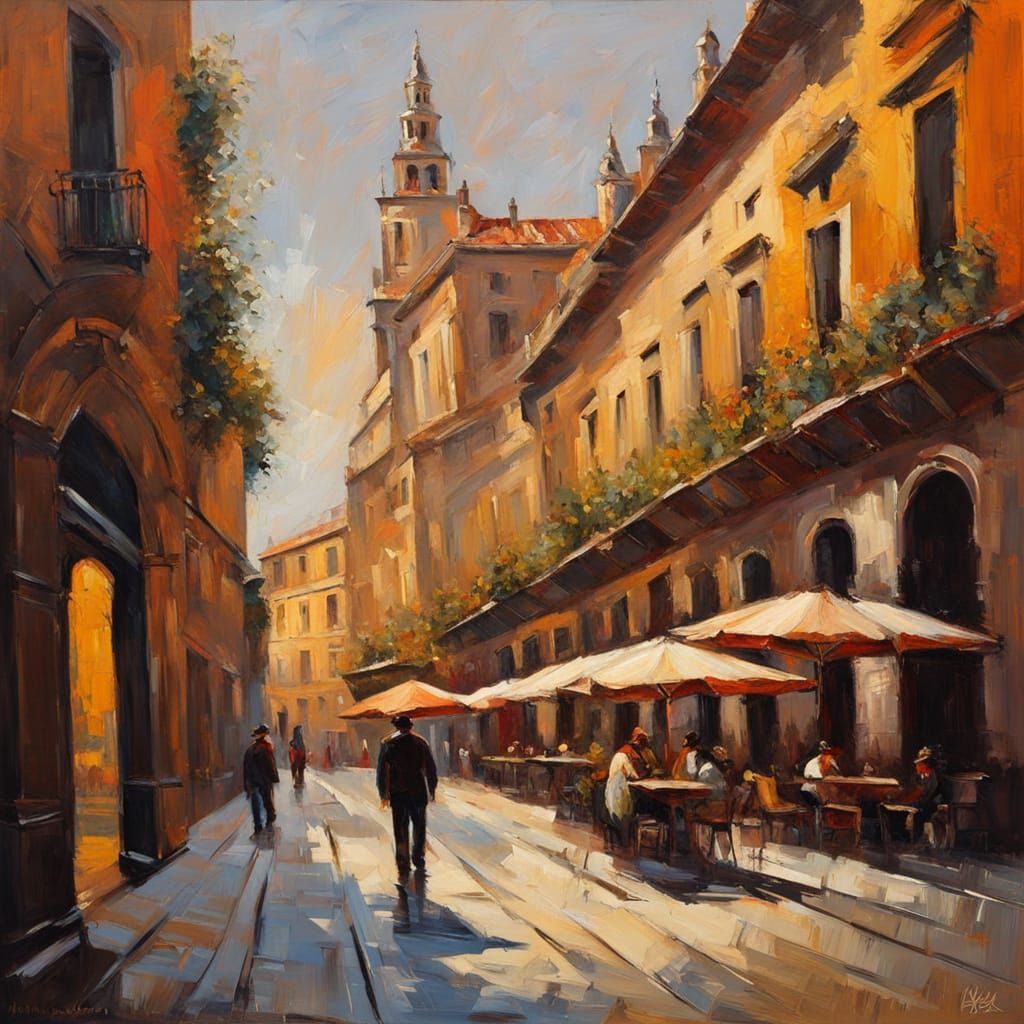 Seville Street Scene in Neo-Impressionist Impasto Style