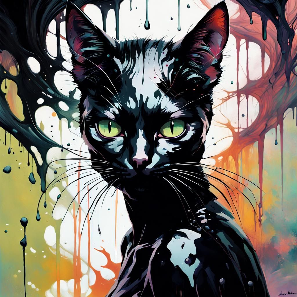 Cyberpunk-Inspired Black Feline in a Futuristic Downpour