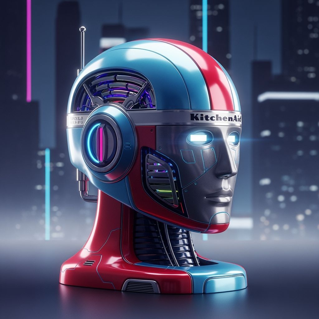 Retro-Futuristic Robot Head in a Neon Cityscape