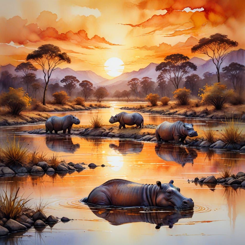 Hippos in River at Sunset, Impressionist Watercolour