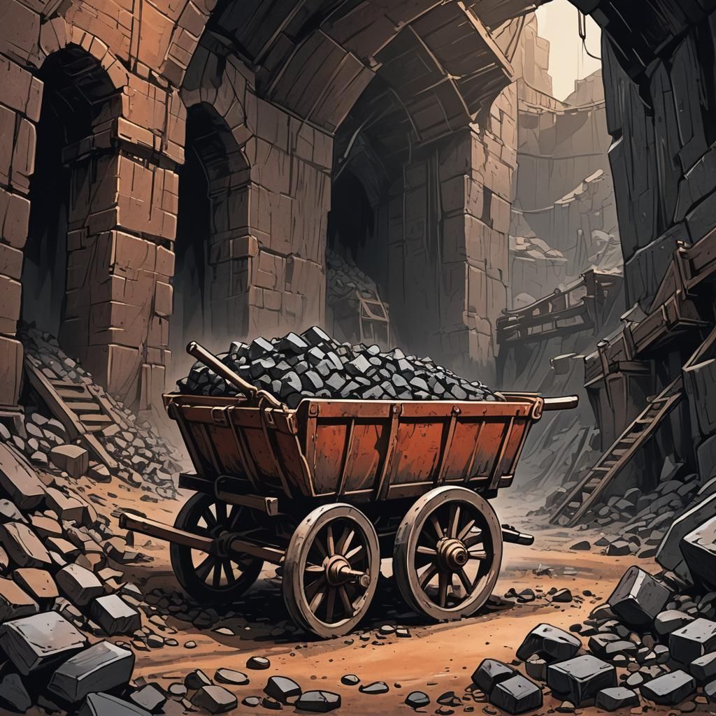 Medieval Iron Ore Cart in a Dark, Grimy Mine