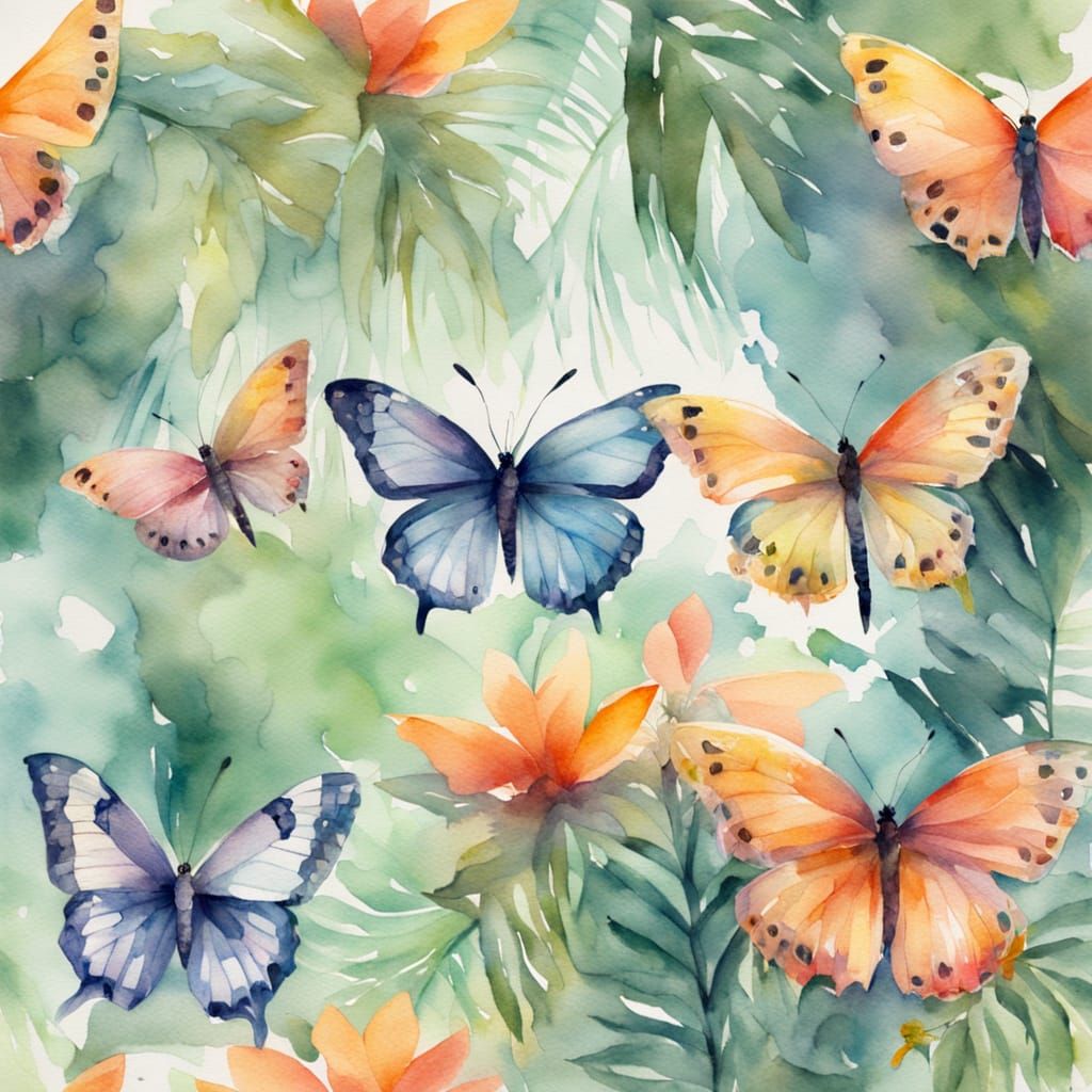 Exotic Butterflies in Jungle Watercolor Painting