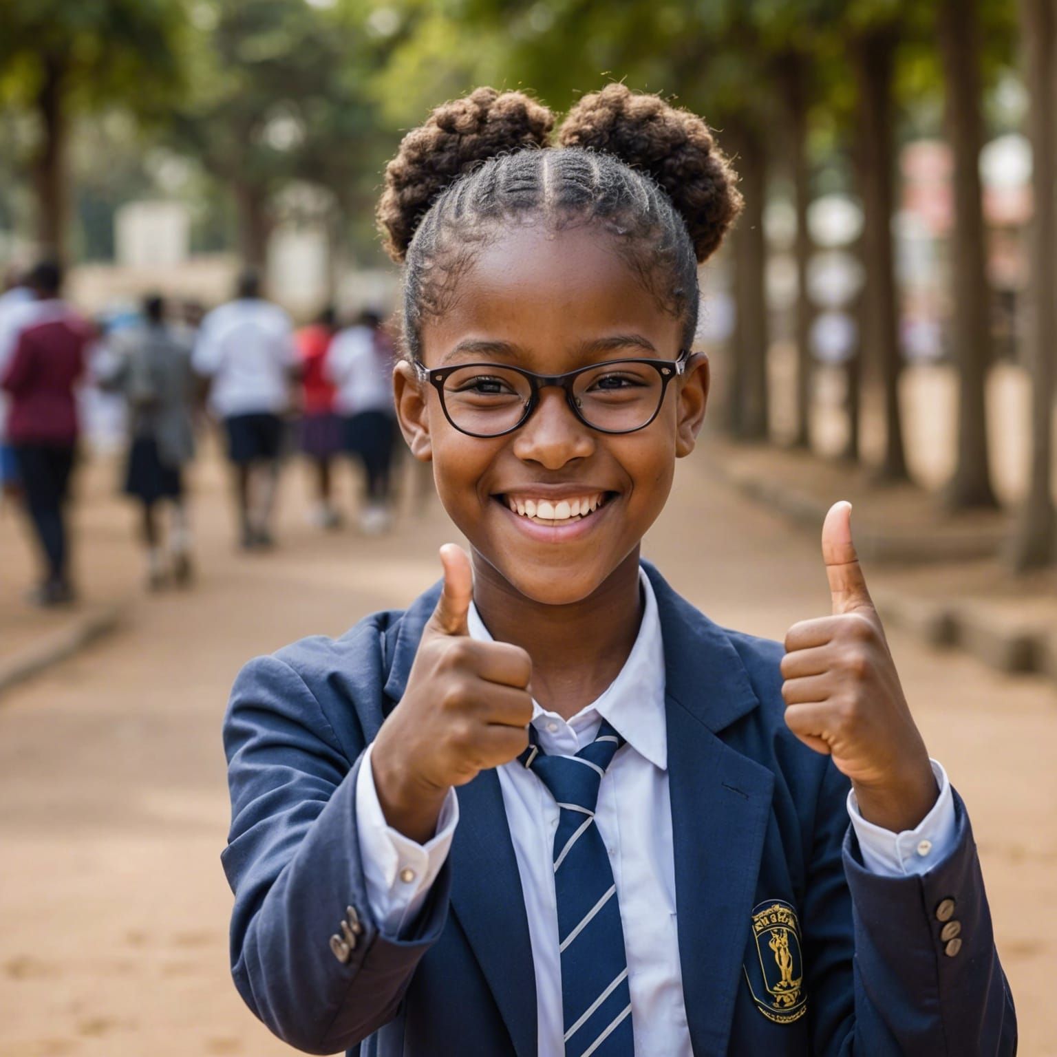 Young African Schoolgirl Smiles with Thumbs Up in Uniform